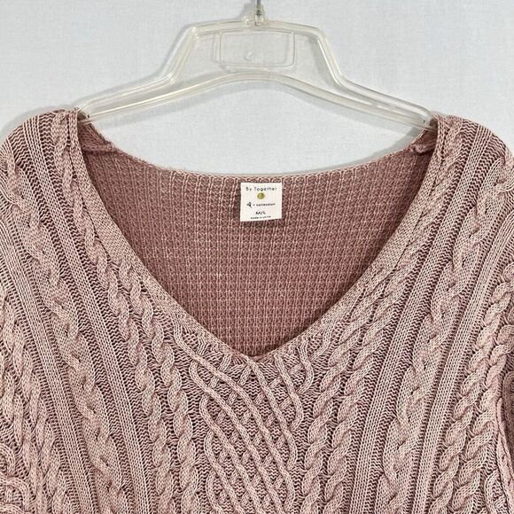 By Together Rib Slouchy V Neck Cable Knit Sweater Women’s Size M/L Pink - Picture 2 of 12